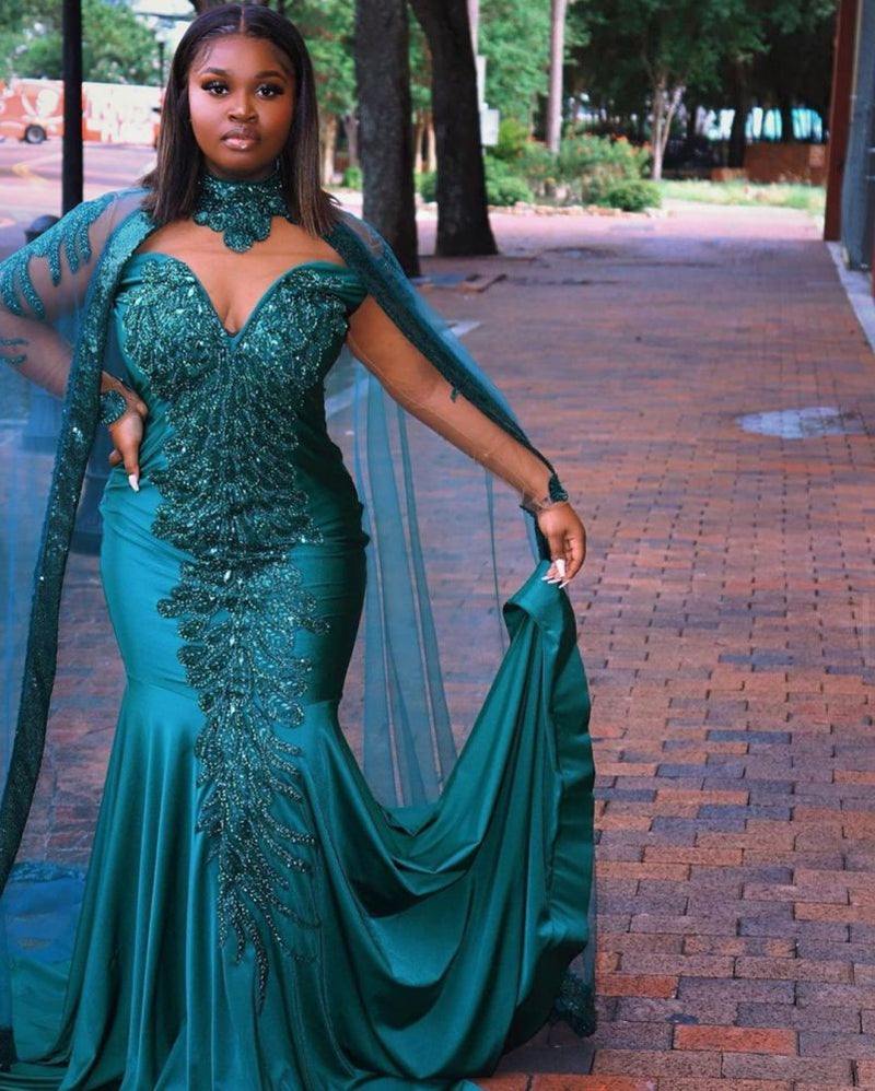 Looking for Prom Dresses, Evening Dresses in Stretch Satin,  Mermaid style,  and Gorgeous Beading, Appliques work? stylesnuggle has all covered on this elegant Gorgeous Mermaid Evening Gowns Long Sleeves Appliques Floor Length Cape.