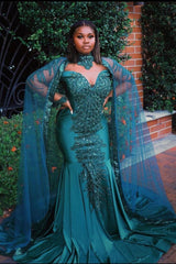 Looking for Prom Dresses, Evening Dresses in Stretch Satin,  Mermaid style,  and Gorgeous Beading, Appliques work? stylesnuggle has all covered on this elegant Gorgeous Mermaid Evening Gowns Long Sleeves Appliques Floor Length Cape.