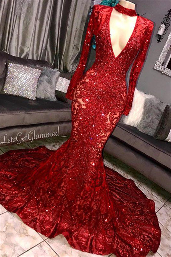 Gorgeous Mermaid Long Sleevess Deep V-neck Lace Applique Prom Dresses-stylesnuggle