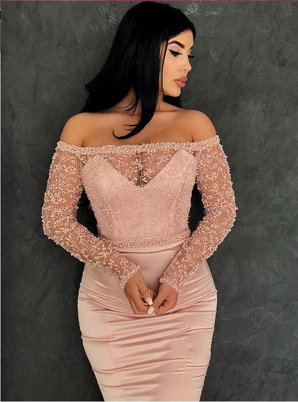 Gorgeous Mermaid Off-the-Shoulder Prom Gowns Long Sleeves Lace Evening Dresses. Free shipping,  high quality,  fast delivery,  made to order dress. Discount price. Affordable price. Shop stylesnuggle Official.