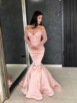 Gorgeous Mermaid Off-the-Shoulder Prom Gowns Long Sleeves Lace Evening Dresses. Free shipping,  high quality,  fast delivery,  made to order dress. Discount price. Affordable price. Shop stylesnuggle Official.