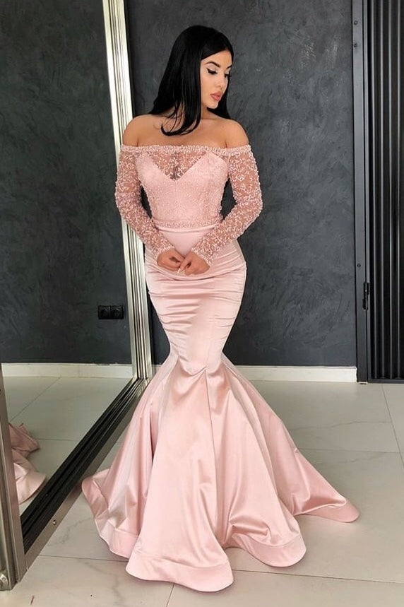 Gorgeous Mermaid Off-the-Shoulder Prom Gowns Long Sleeves Lace Evening Dresses. Free shipping,  high quality,  fast delivery,  made to order dress. Discount price. Affordable price. Shop stylesnuggle Official.