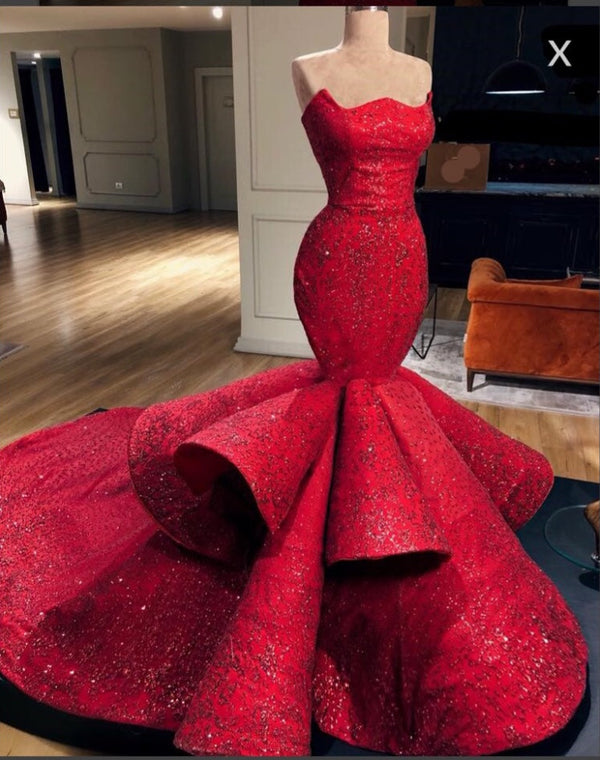 Shop stylesnuggle with Gorgeous Mermaid Strapless Beadings Prom Party Gowns with Chapel Train. Free shipping,  high quality,  fast delivery,  made to order dress. Discount price. Affordable price.