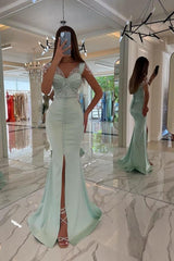 Gorgeous Mint Sequins Prom Dress Straps Long Mermaid Holiday Dress With Slit-stylesnuggle