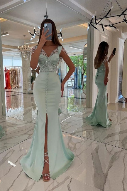 Gorgeous Mint Sequins Prom Dress Straps Long Mermaid Holiday Dress With Slit-stylesnuggle