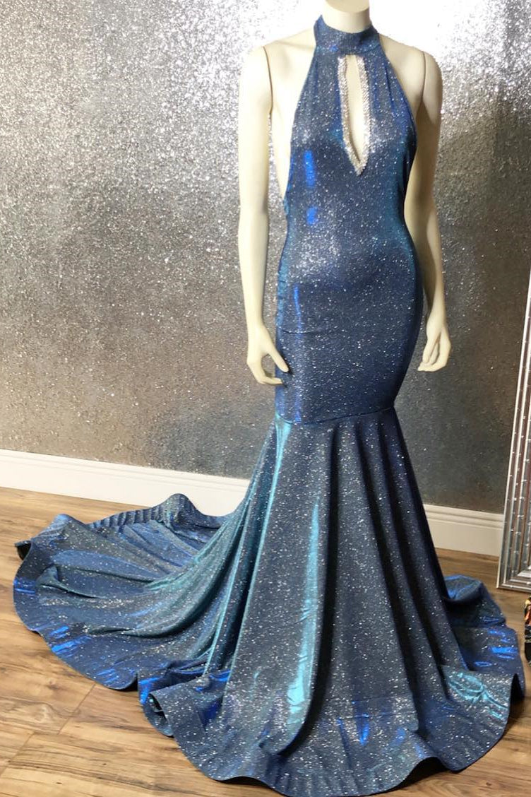 Gorgeous Navy Blue Long Mermaid V-Neck Prom Dress Spaghetti-Straps-stylesnuggle