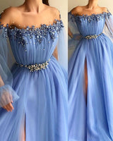 stylesnuggle has a great collection of off-the-shoulder Prom Dresses at an affordable price. Find your dream Gorgeous Off-The-Shoulder Appliques Tulle A-Line Prom Party Gowns here,  26+ colors & all sizes available,  free delivery worldwide.