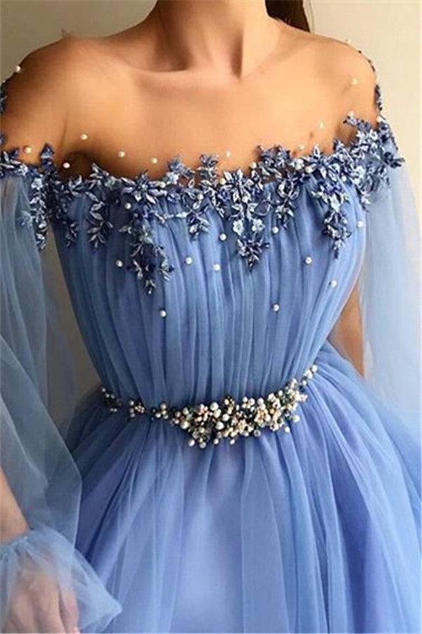 stylesnuggle has a great collection of off-the-shoulder Prom Dresses at an affordable price. Find your dream Gorgeous Off-The-Shoulder Appliques Tulle A-Line Prom Party Gowns here,  26+ colors & all sizes available,  free delivery worldwide.