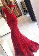 This Gorgeous Off-the-shoulder Lace Appliques Red Mermaid Evening Dress will make your guests say wow. The off the shoulder bodice is thoughtfully lined,  and the mermaid skirt with Lace is to provide the airy,  flatter look.