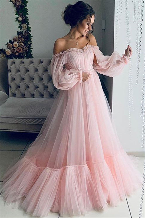 Still not know where to get your event dresses online? stylesnuggle offer you Gorgeous Off-The-Shoulder Long-Sleeves Sheer-Tulle A-Line Prom Party Gowns at factory price,  fast delivery worldwide.