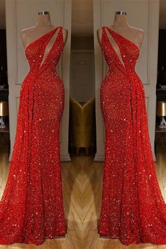 Gorgeous One Shoulder Red Sequins Long Prom Dress-stylesnuggle