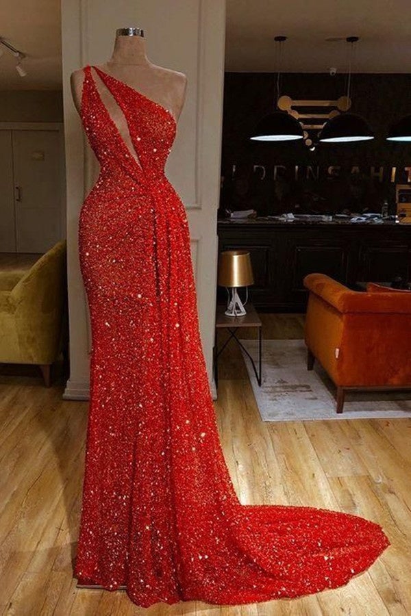 Gorgeous One Shoulder Red Sequins Long Prom Dress-stylesnuggle