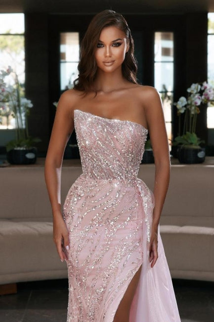 Gorgeous Pink Sequins Sleeveless Long Mermaid Prom Dress Split Online-stylesnuggle