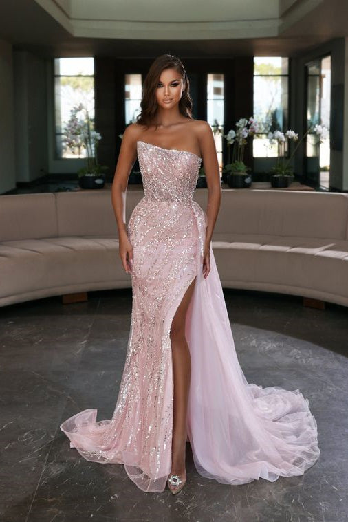 Gorgeous Pink Sequins Sleeveless Long Mermaid Prom Dress Split Online-stylesnuggle