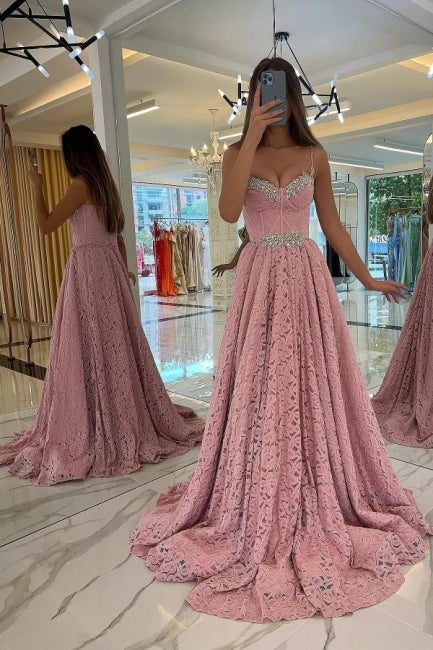 Gorgeous Pink Spaghetti-Straps Prom Dress Lace Holiday Dress Long-stylesnuggle