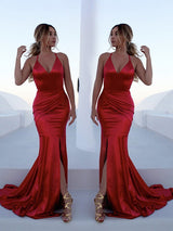 Still not know where to get your event dresses online? stylesnuggle offer you Gorgeous Red Halter Elegant Lace Up Prom Dresses Sleeveless Ruffles Chic Mermaid Side Slit Evening Dresses at factory price,  fast delivery worldwide.