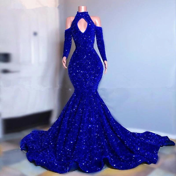 Gorgeous Royal Blue Long Sleeves Prom Dress Mermaid Long With Sequins-stylesnuggle