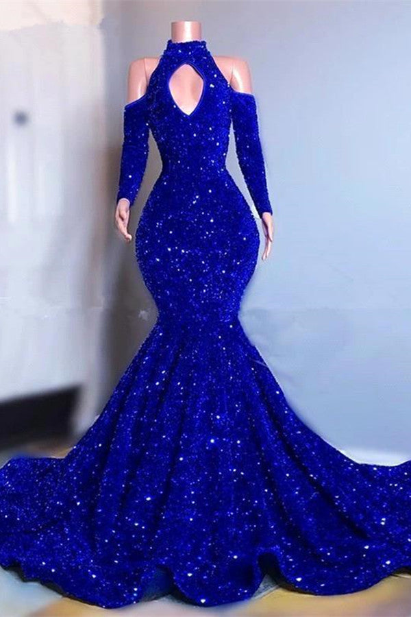 Gorgeous Royal Blue Long Sleeves Prom Dress Mermaid Long With Sequins-stylesnuggle