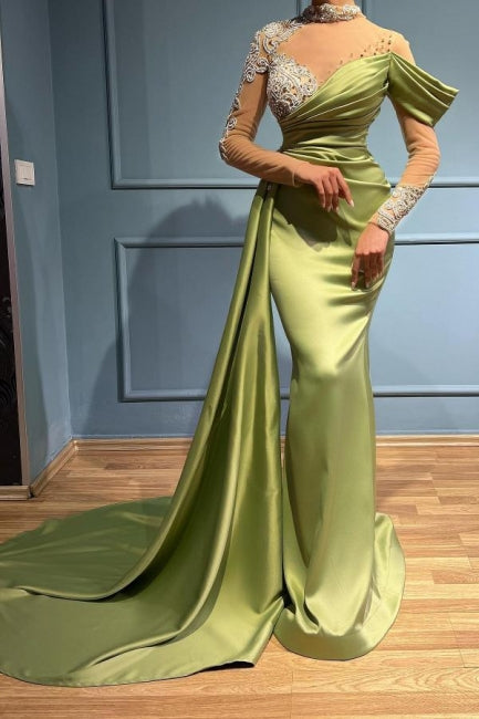 Gorgeous Sage Green High Neck Prom Dress Mermaid Long Sleeves-stylesnuggle