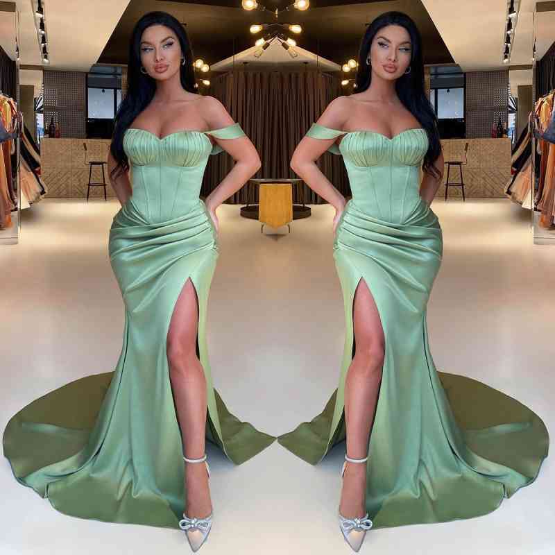 Gorgeous Sage Green Off-the-Shoulder Prom Dress Mermaid Slit-stylesnuggle