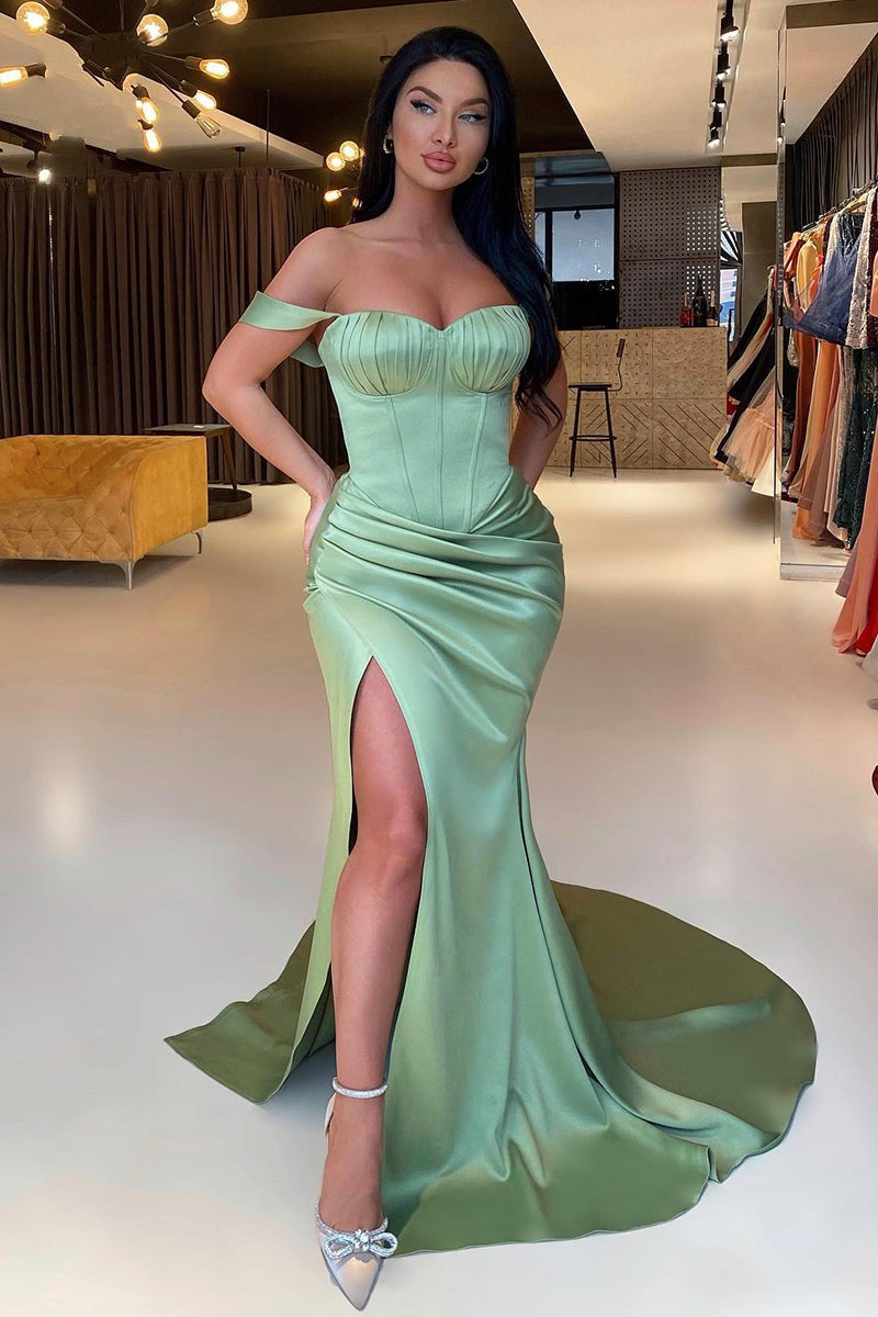 Gorgeous Sage Green Off-the-Shoulder Prom Dress Mermaid Slit-stylesnuggle