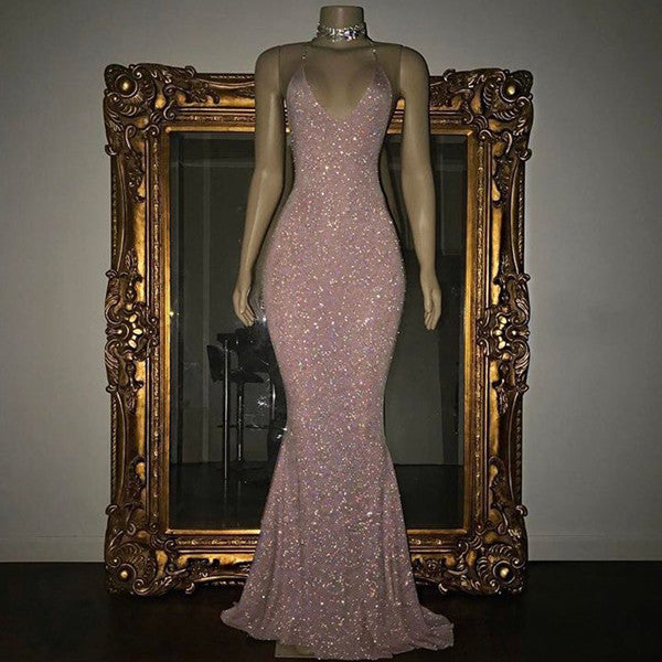 stylesnuggle offers Gorgeous Sequined Mermaid Spaghetti-strap Long Sleevesless Prom Party Gowns at a cheap price unique colors,  to Mermaid Floor-length hem. Gorgeous yet affordable Sleeveless styles.