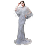 Looking for Prom Dresses, Evening Dresses, Homecoming Dresses, Quinceanera dresses in Tulle,  Mermaid style,  and Gorgeous Beading, Crystal, Feathers, Sequined, Rhinestone,  work? stylesnuggle has all covered on this elegant Gorgeous Silver Feather Cape Mermaid Sparkle Prom Dress.