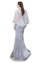 Looking for Prom Dresses, Evening Dresses, Homecoming Dresses, Quinceanera dresses in Tulle,  Mermaid style,  and Gorgeous Beading, Crystal, Feathers, Sequined, Rhinestone,  work? stylesnuggle has all covered on this elegant Gorgeous Silver Feather Cape Mermaid Sparkle Prom Dress.