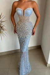 Gorgeous Sky Blue Sweetheart Pearls Prom Dress Mermaid With Beads-stylesnuggle