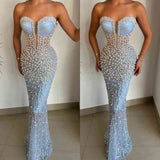 Gorgeous Sky Blue Sweetheart Pearls Prom Dress Mermaid With Beads-stylesnuggle