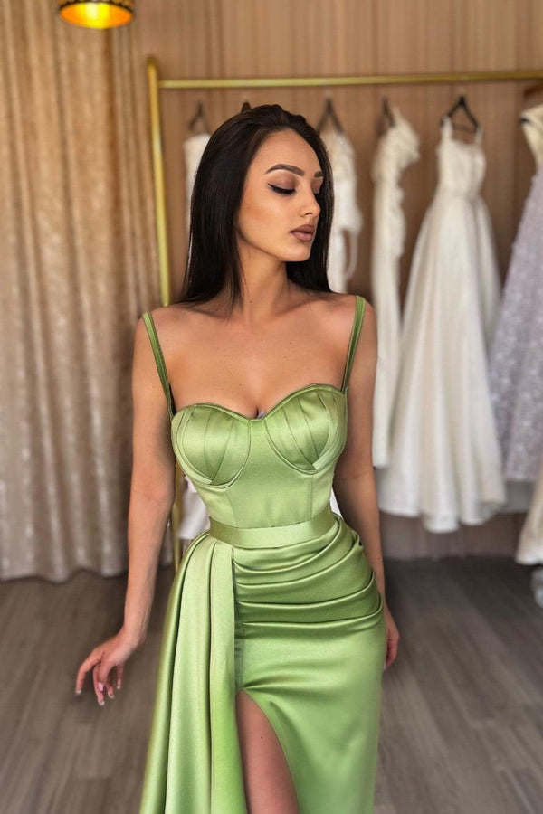 Gorgeous Spaghetti-Straps Sage Green Prom Dress Mermaid Split Long-stylesnuggle