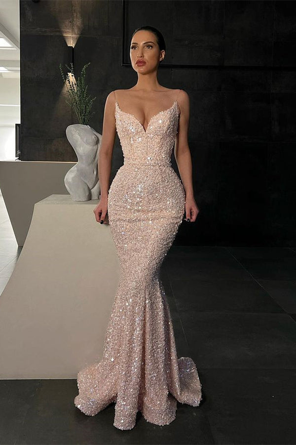 Gorgeous Spaghetti-Straps Sequins Mermaid Evening Dress Long On Sale-stylesnuggle