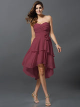 A-Line Charming Sweetheart Hand-Made Flower Sleeveless High Low Chiffon Bridesmaid Dresses