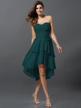 A-Line Charming Sweetheart Hand-Made Flower Sleeveless High Low Chiffon Bridesmaid Dresses