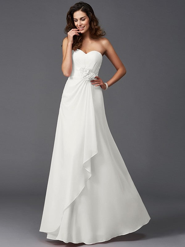 A-Line Charming Sweetheart Hand-Made Flower Sleeveless Long Chiffon Bridesmaid Dresses