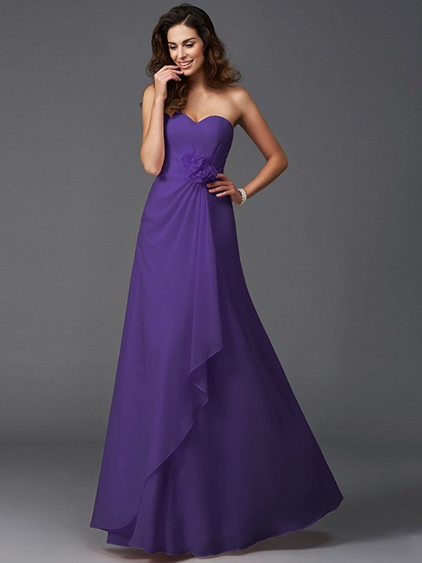 A-Line Charming Sweetheart Hand-Made Flower Sleeveless Long Chiffon Bridesmaid Dresses