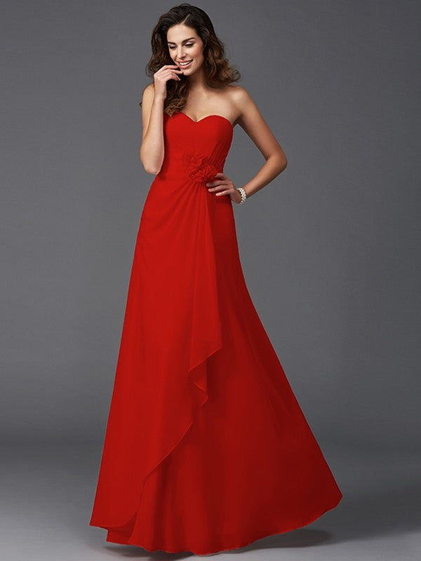 A-Line Charming Sweetheart Hand-Made Flower Sleeveless Long Chiffon Bridesmaid Dresses