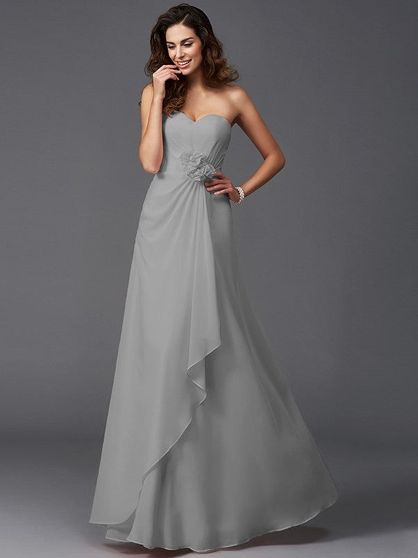 A-Line Charming Sweetheart Hand-Made Flower Sleeveless Long Chiffon Bridesmaid Dresses