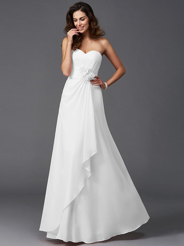 A-Line Charming Sweetheart Hand-Made Flower Sleeveless Long Chiffon Bridesmaid Dresses