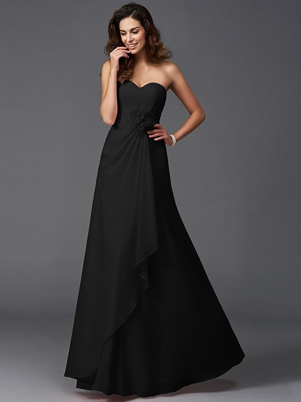 A-Line Charming Sweetheart Hand-Made Flower Sleeveless Long Chiffon Bridesmaid Dresses