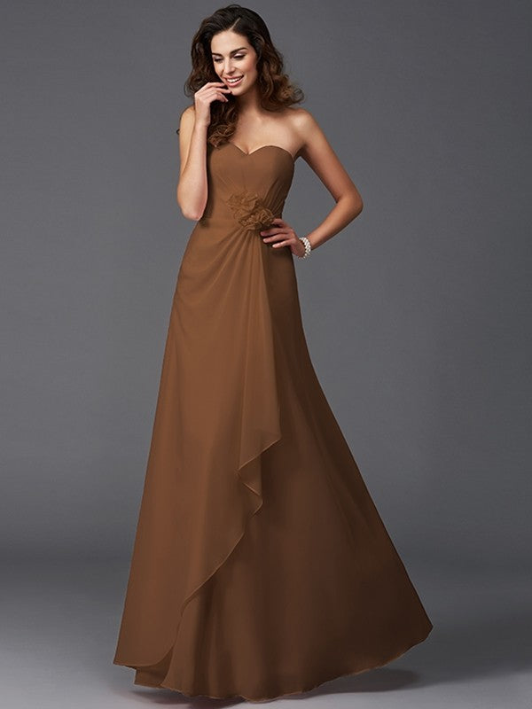 A-Line Charming Sweetheart Hand-Made Flower Sleeveless Long Chiffon Bridesmaid Dresses