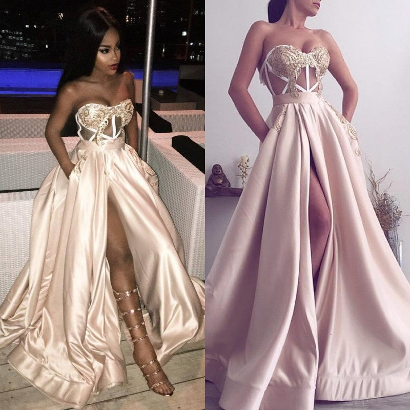 Gorgeous Sweetheart Long Prom Dress Slit Evening Gowns Appliques-stylesnuggle