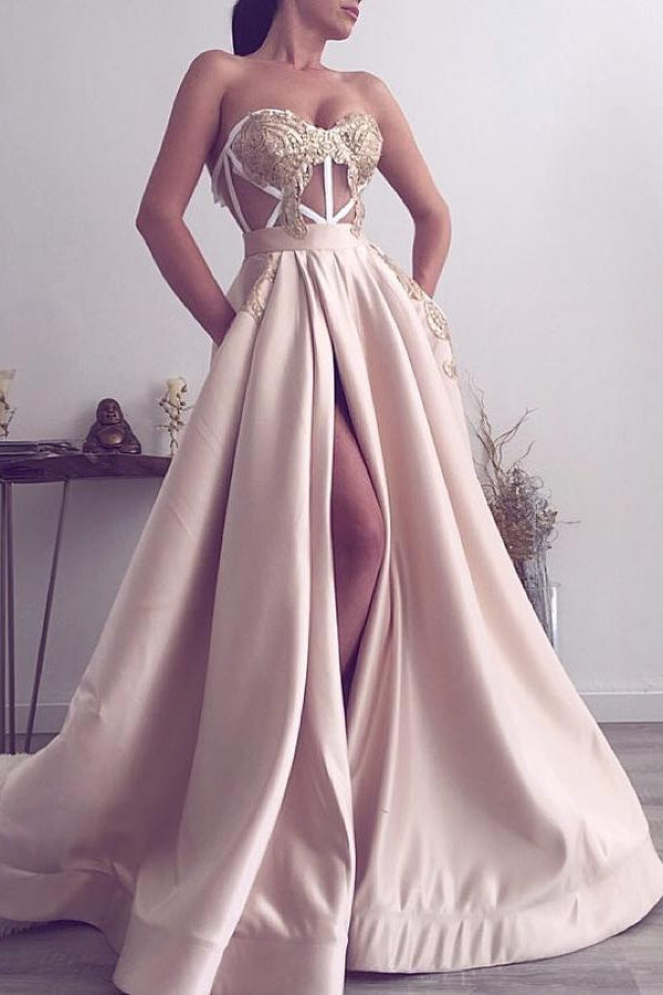 Gorgeous Sweetheart Long Prom Dress Slit Evening Gowns Appliques-stylesnuggle