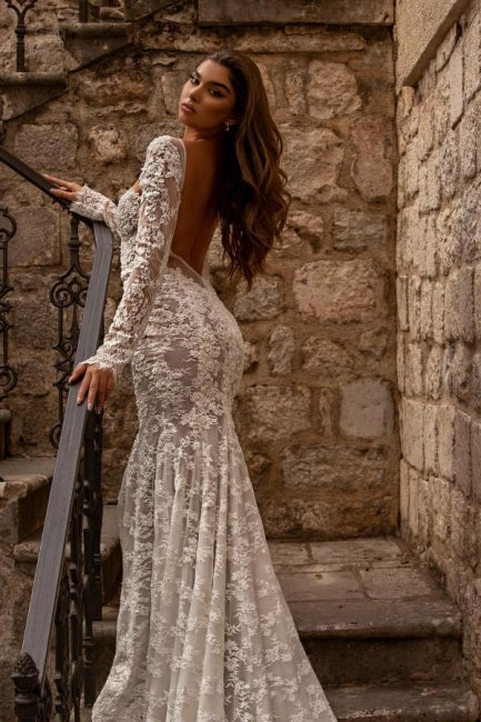 Gorgeous sweetheart longsleeves mermaid lace Wedding Dresses-stylesnuggle