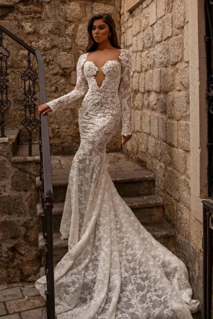 Gorgeous sweetheart longsleeves mermaid lace Wedding Dresses-stylesnuggle