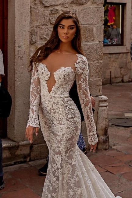 Gorgeous sweetheart longsleeves mermaid lace Wedding Dresses-stylesnuggle