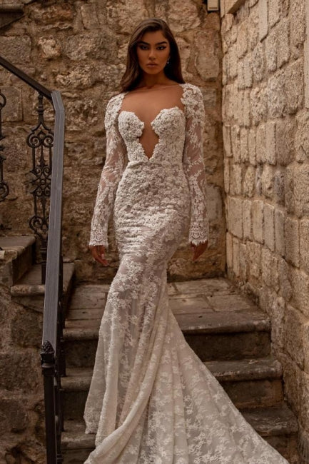 Gorgeous sweetheart longsleeves mermaid lace Wedding Dresses-stylesnuggle