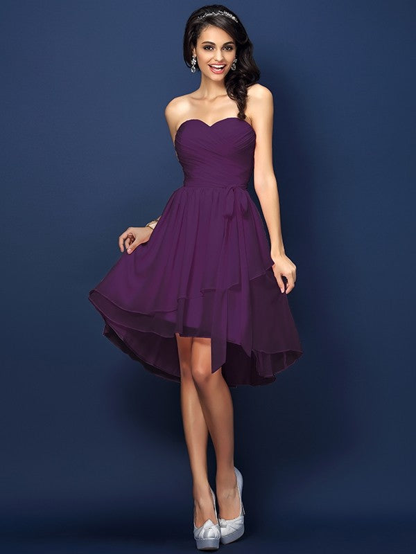 A-Line Charming Sweetheart Pleats Bowknot Sleeveless Short Chiffon Bridesmaid Dresses