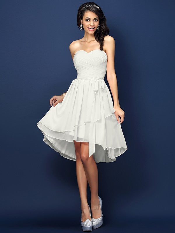 A-Line Charming Sweetheart Pleats Bowknot Sleeveless Short Chiffon Bridesmaid Dresses