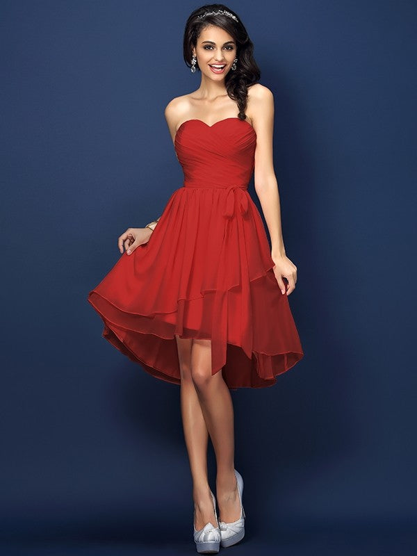 A-Line Charming Sweetheart Pleats Bowknot Sleeveless Short Chiffon Bridesmaid Dresses